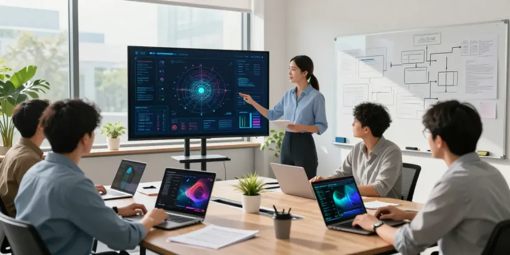 Team collaborating on Enterprise AI solutions in a modern office.