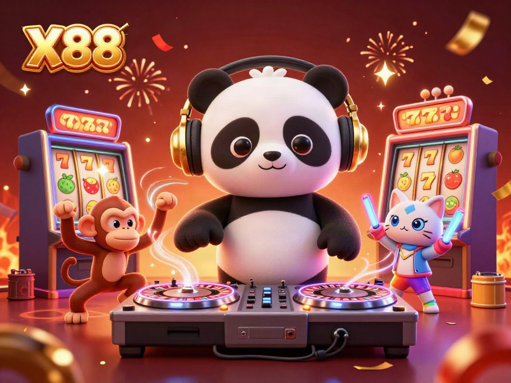 X88 showcases a vibrant casino scene with a DJ panda spinning reels and lively characters, capturing the excitement of gaming.