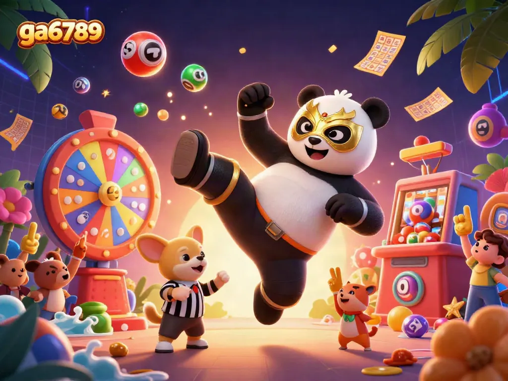Experience exciting gambling action with ga6789 through a dynamic illustration of a wrestling panda and lively animal spectators.