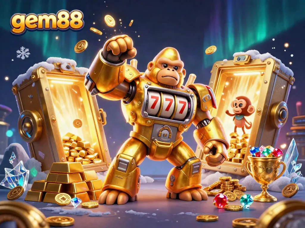 win big at gem88 with a golden gorilla mech surrounded by treasure and casino elements