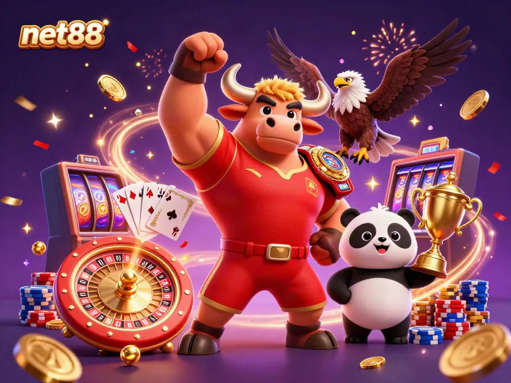 Experience thrilling wins at net88 as a cartoon bull mascot celebrates with gaming treasures.