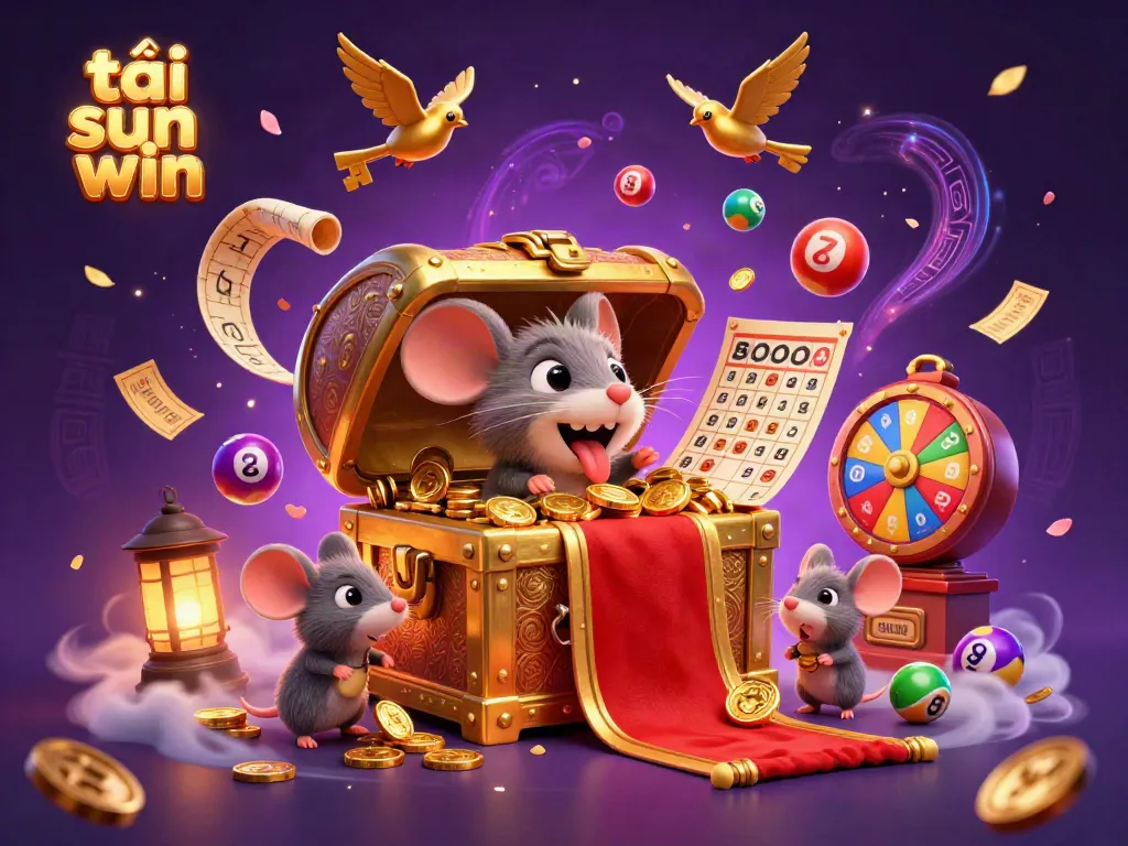 Win big and tải sun win with the golden treasure chest topped by colorful lottery balls and spinning prizes.