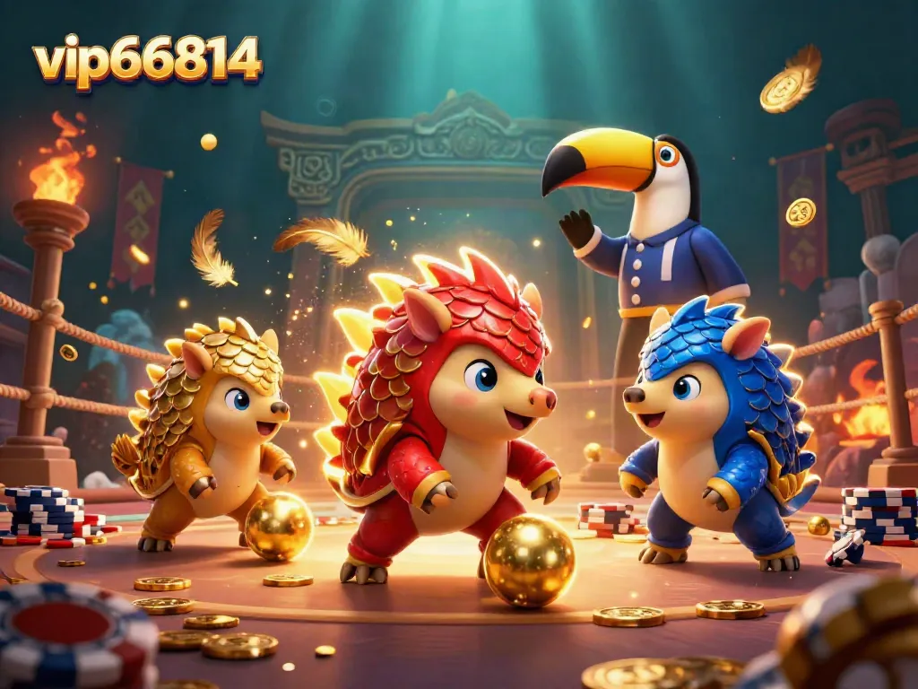 Experience the excitement of vip66814 as rival pangolins compete in a vibrant casino scene filled with gold and poker chips.