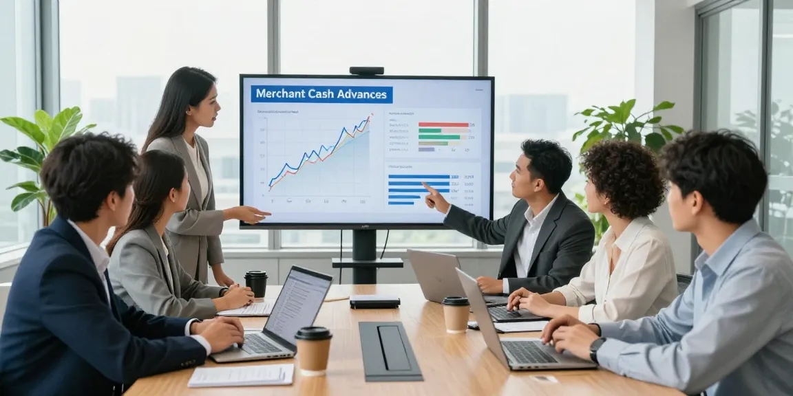 Collaborative team discussion on the cheapest merchant cash advance in uk trends in a modern office.