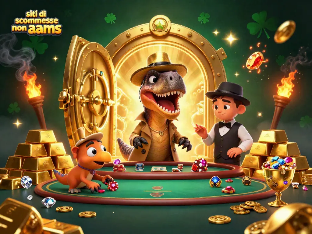 Scommetti nei siti di scommesse non AAMS con un velociraptor al tavolo da blackjack e oro scintillante