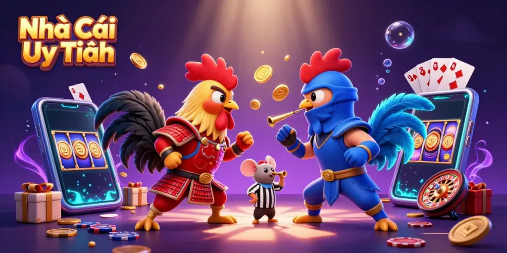 Engaging gaming scene illustrating Nhà Cái Uy Tín with dynamic combatants and vibrant casino elements.