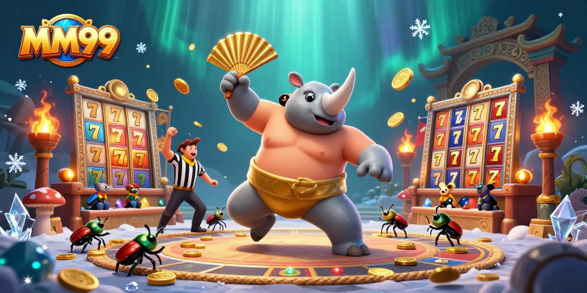 MM99 champions slam in a vibrant casino scene filled with gold coins and slot reels.