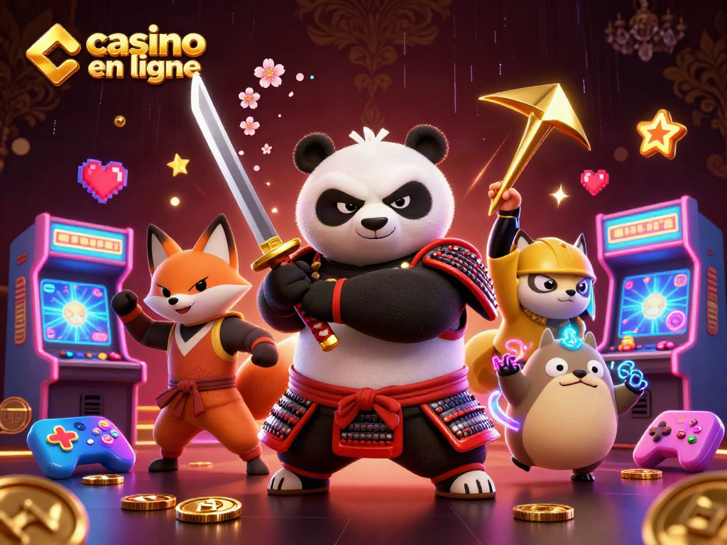 Jouez au casino en ligne avec cette illustration d'un panda samouraï et un renard ninja, remplie de jeux colorés.