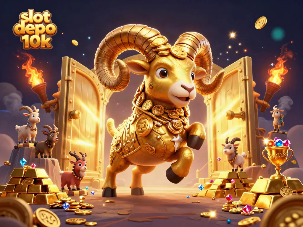 Experience thrilling gameplay with slot depo 10k showcasing a dynamic 3D illustration of golden elements and energetic casino vibes.