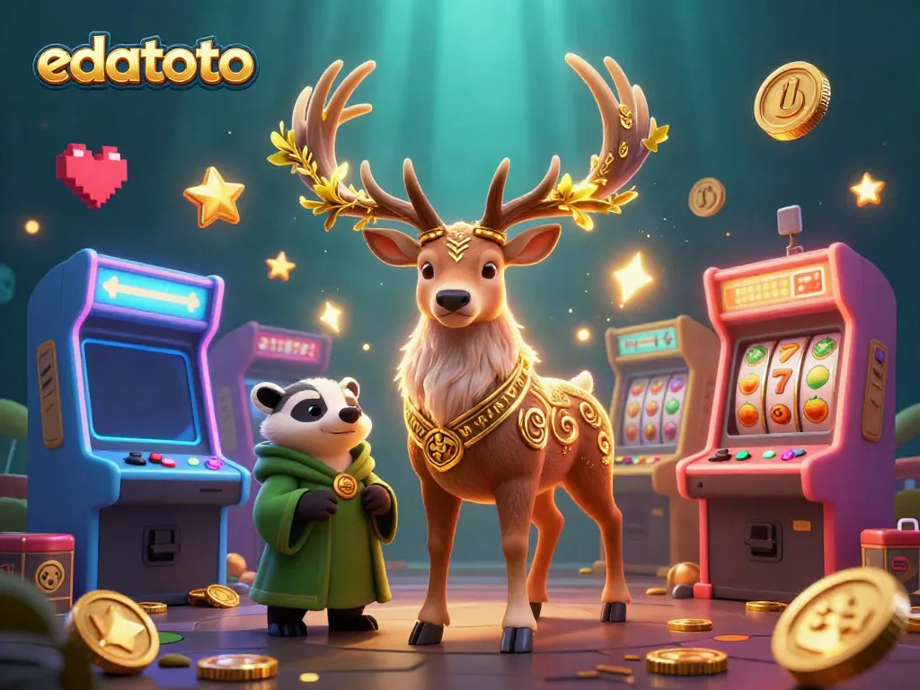 Engage with the thrilling world of edatoto through a vibrant 3D illustration featuring a druid stag and a wise badger amid slot machine elements.