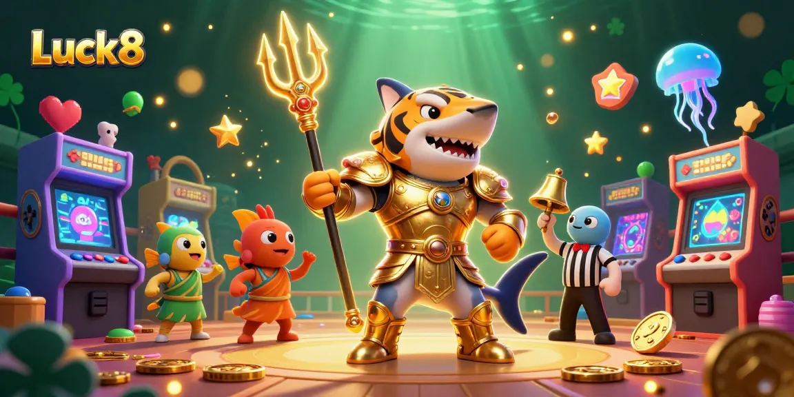 Spin and win at Luck8 with this vibrant underwater digital gaming scene featuring a golden gladiator shark.