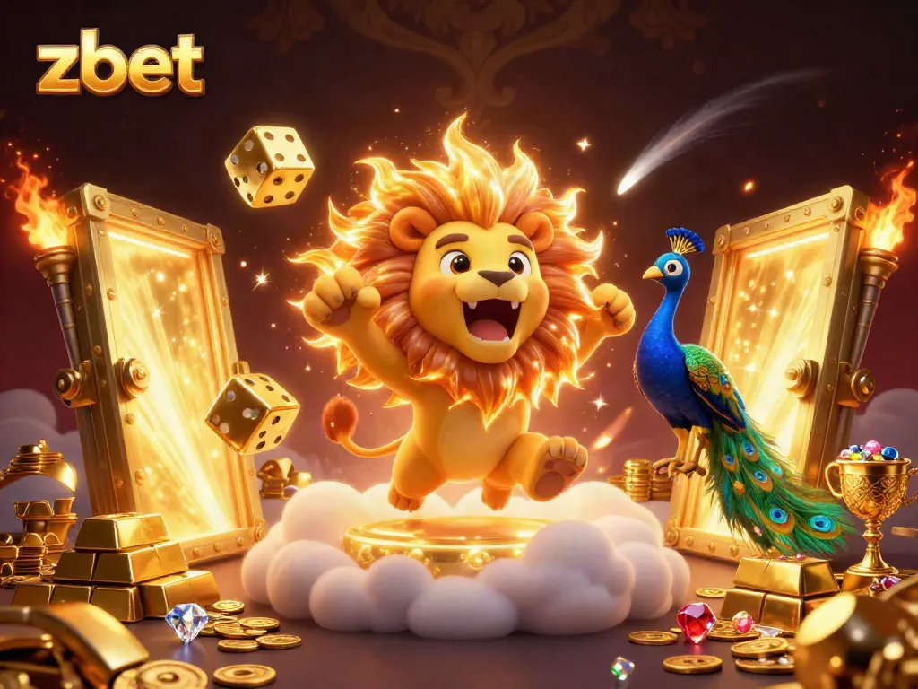 Experience the thrill of zbet with vibrant casino elements and a triumphant sun lion in this dynamic illustration.