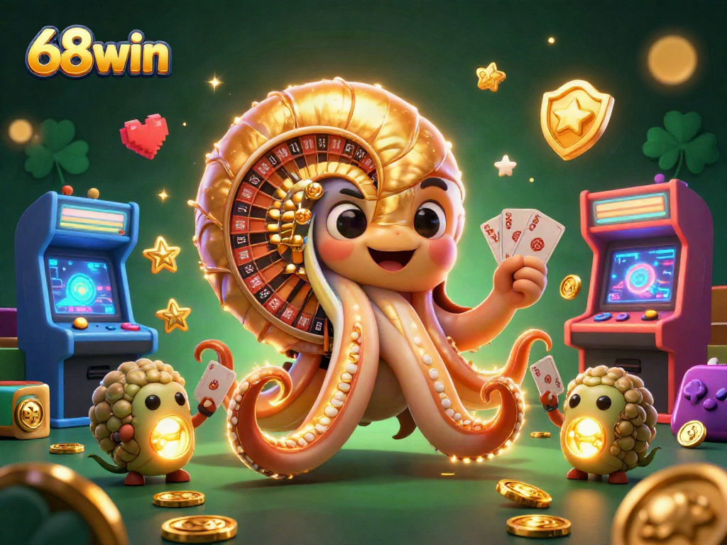 Join the excitement at 68win with vibrant casino games featuring glowing nautilus and cards.