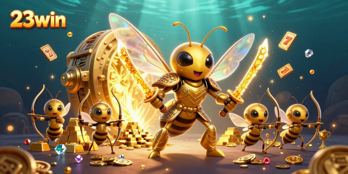 Engage with 23win's vibrant casino adventure featuring a golden hornet samurai amid slot reels and treasure.