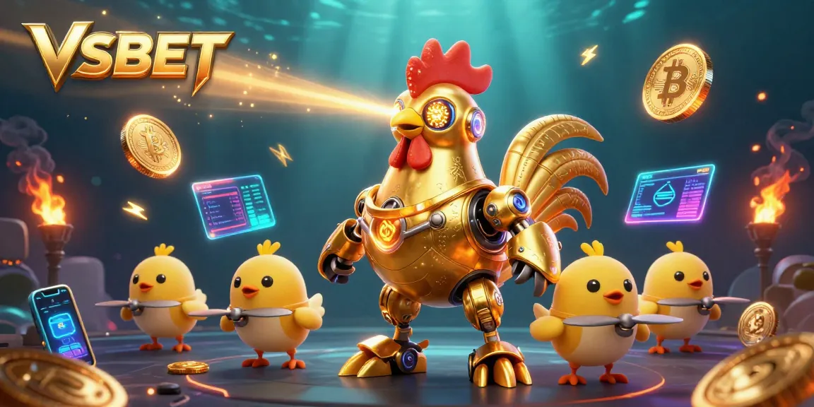 Experience VSBET’s vibrant casino world with a golden rooster robot amidst crypto coins and bright neon elements.