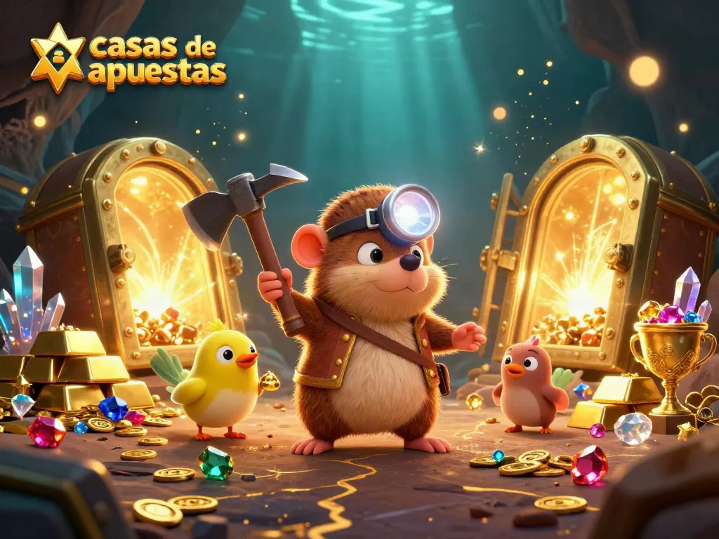 Apuesta en casas de apuestas con personajes animados en un entorno de tesoros brillantes.