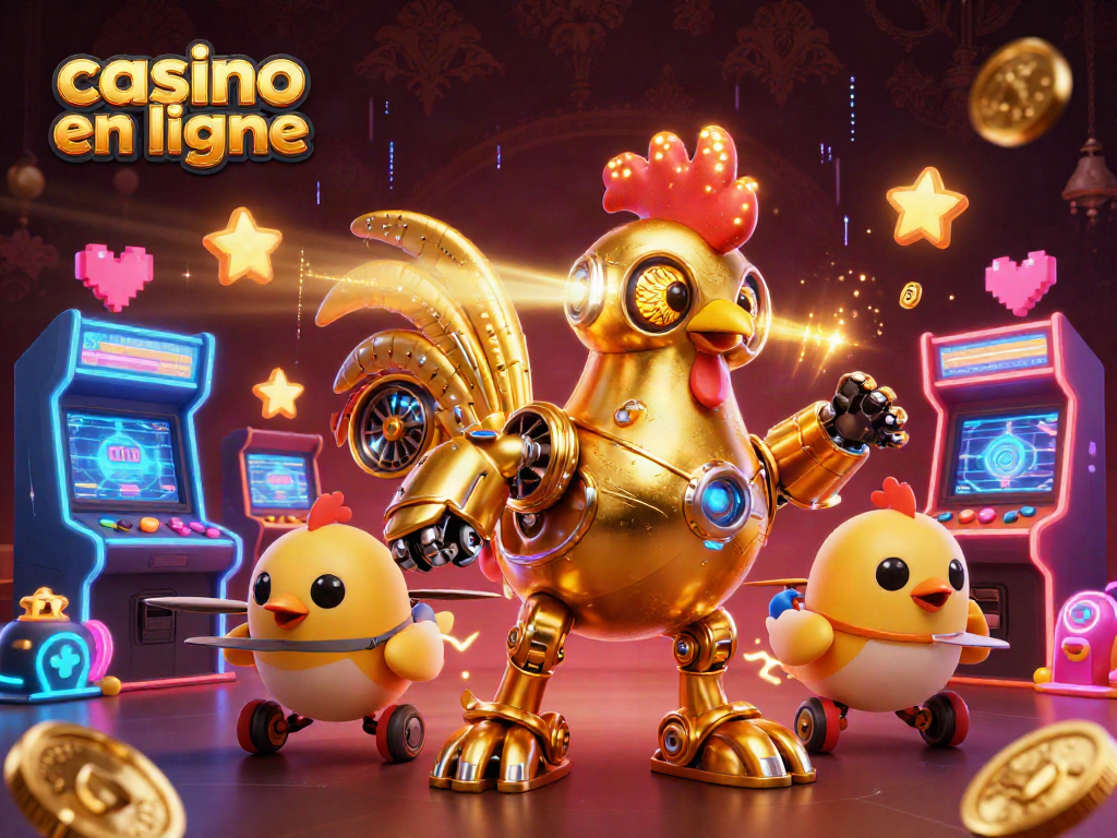 Jouez à des jeux de casino en ligne avec enthousiasme alors que le robot coucou doré rayonne d'énergie.