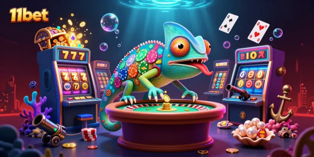 Experience thrilling gameplay at 11bet with exciting slots and casino elements in a vibrant cartoon scene.