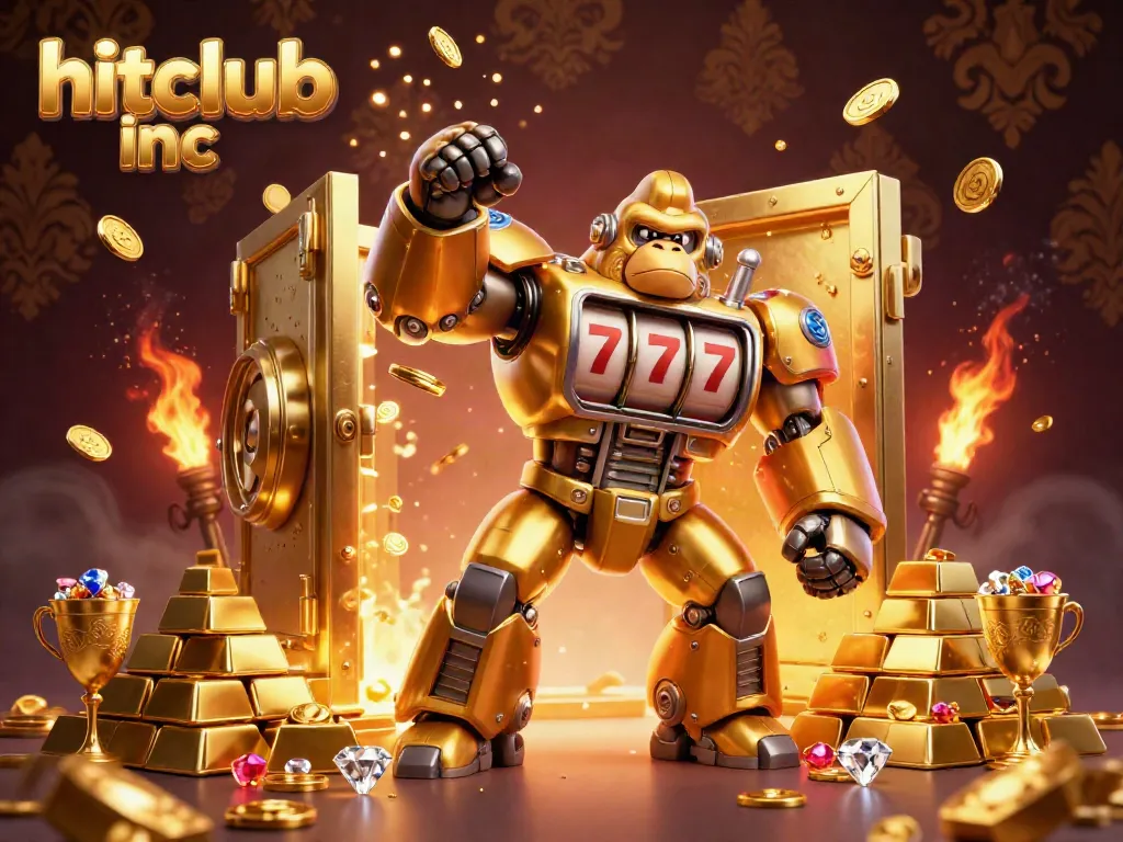 Experience the excitement of hitclub inc as the golden gorilla mech unleashes coins in this thrilling casino scene.