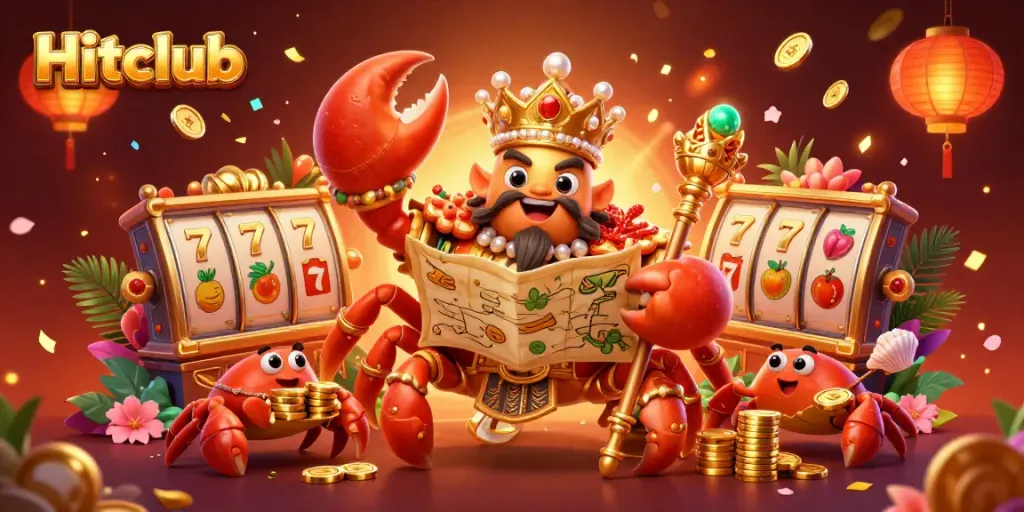 Hitclub showcases a vibrant casino scene with a golden crab emperor and slot machines in an elaborate 3D setting.