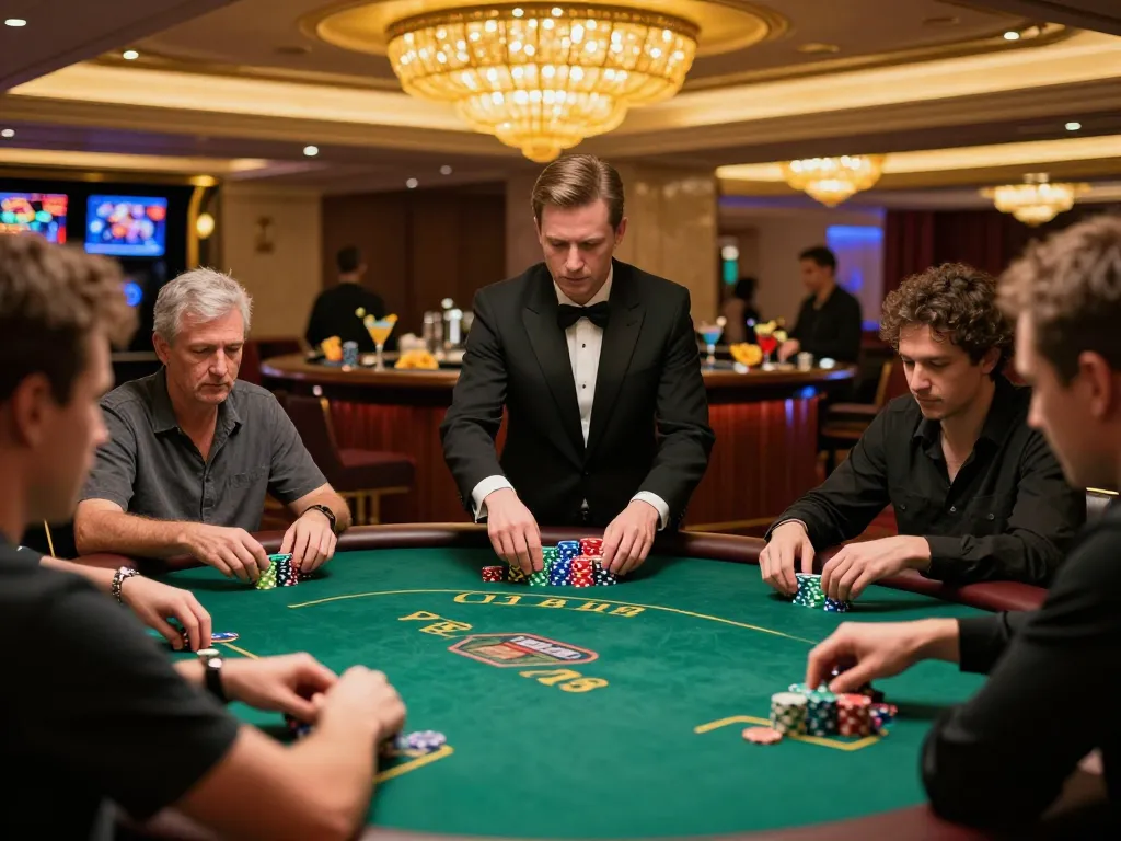 GG88 KJC players strategizing in a high-stakes poker game at luxury casino.