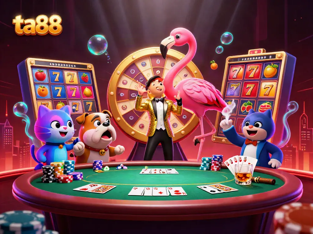 Join the fun at ta88 with a 3D illustration of a flamingo game show host, bulldog contestant, and vibrant casino elements.