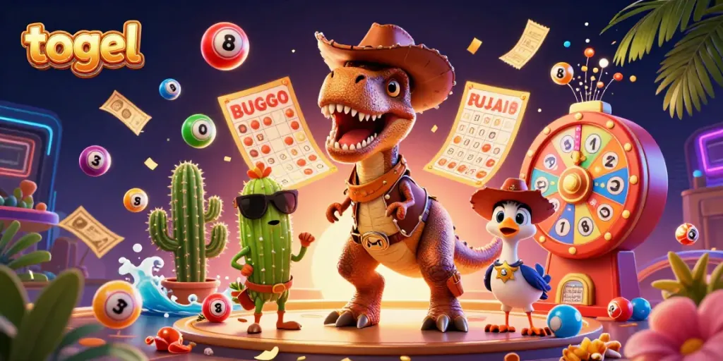 Experience the dynamic world of togel with a colorful 3D illustration depicting a dinosaur, cactus, and roadrunner amidst lottery elements.