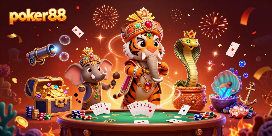 Experience poker88 action with an ornate maharaja riding a jeweled elephant amidst vibrant poker scenes.