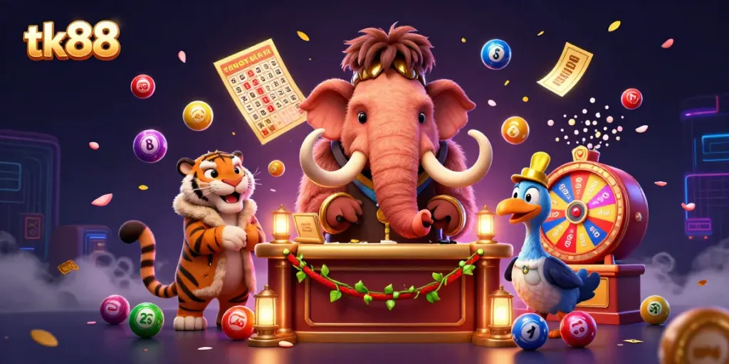 Experience the vibrant excitement of tk88 with colorful casino elements and lively characters.