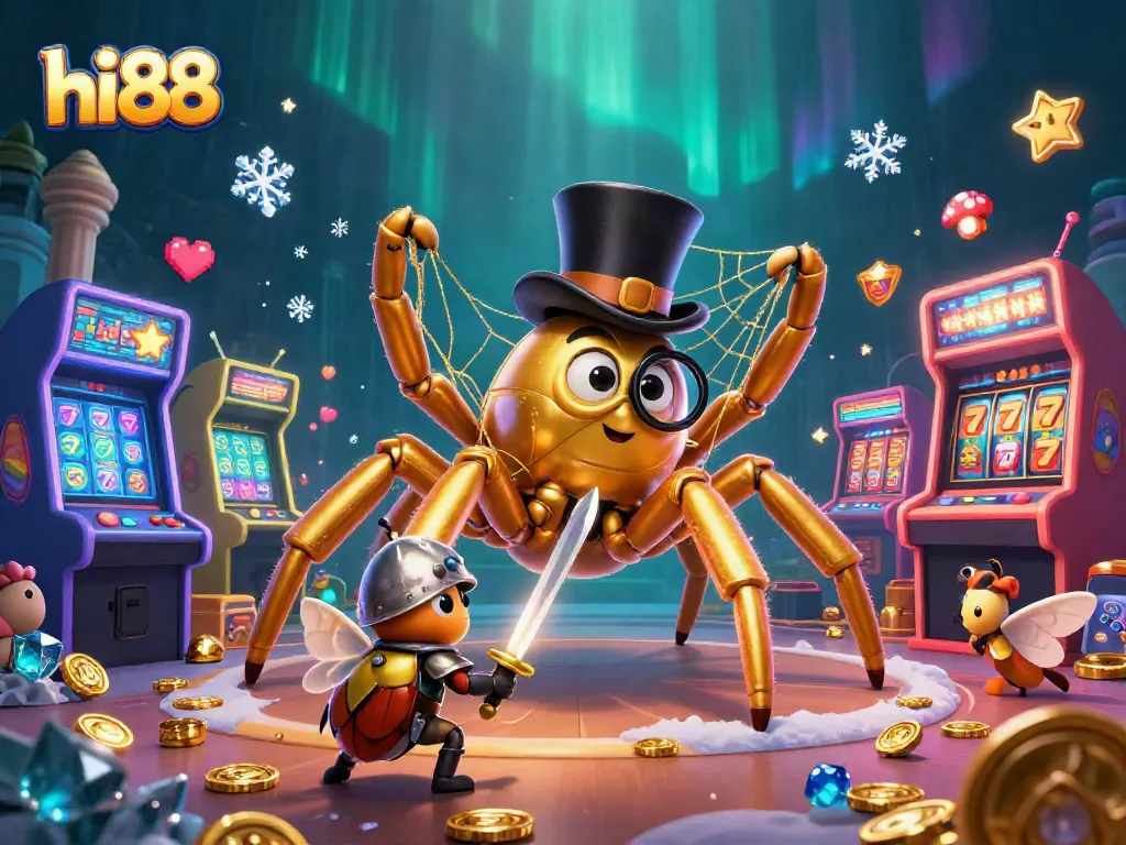 Spin the reels on hi88 with a giant tarantula and brave beetle knight in a vibrant 3D casino scene.