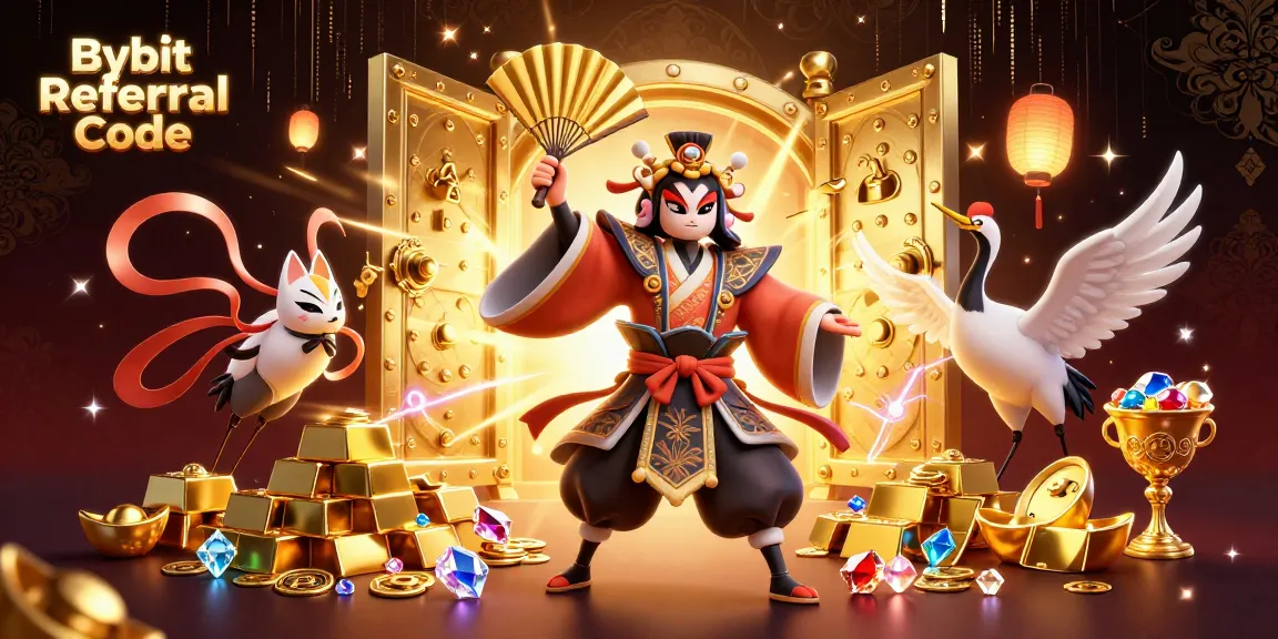 Engage in winning with Bybit Referral Code, featuring a kabuki warrior and dazzling treasures in a vibrant casino atmosphere.