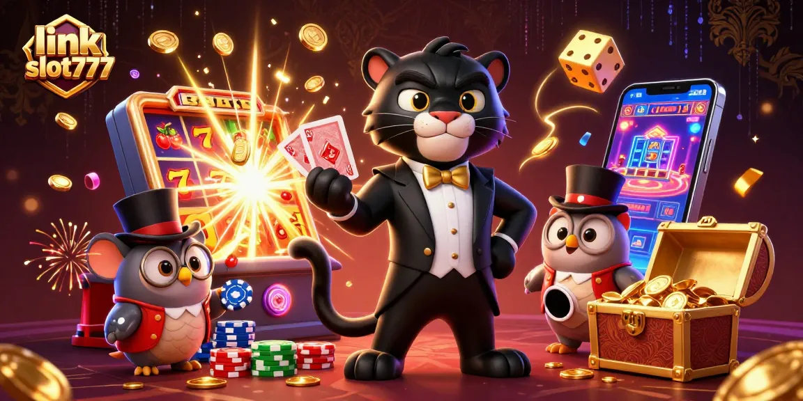 Spin and win with link slot777 featuring cartoon characters and jackpot symbols in a vibrant casino scene.
