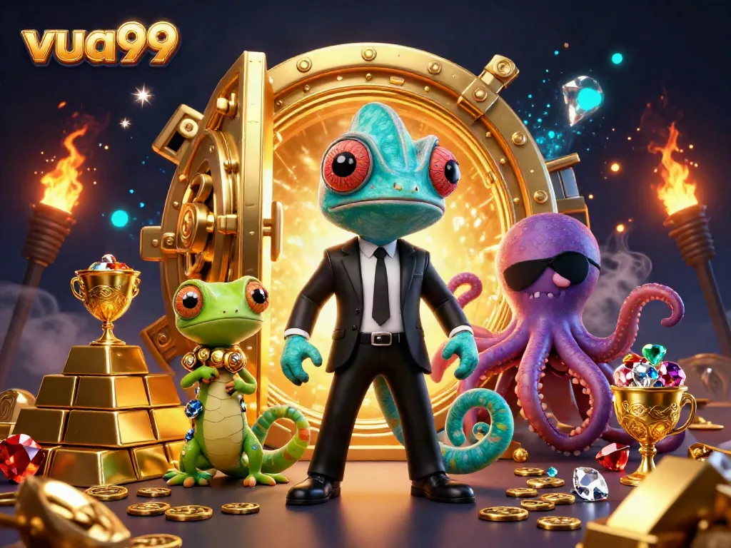 Experience exciting gaming with the vibrant visuals of vua99's 3D casino world featuring dynamic characters and treasures.