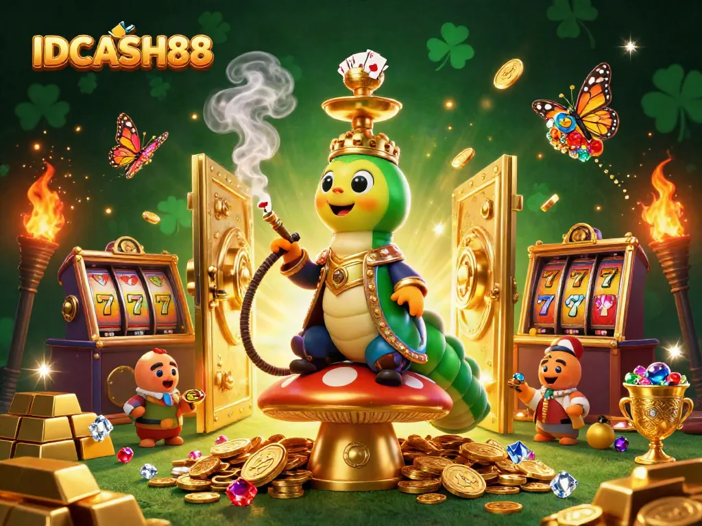 Engaging scene featuring IDCASH88, a caterpillar hookah-master, and slot game elements in a vibrant casino atmosphere.
