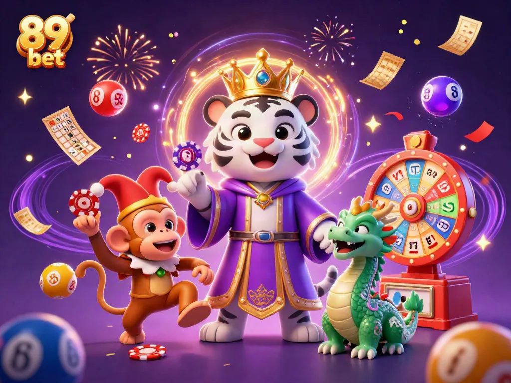 Experience the vibrant world of 89 bet with a lively illustration featuring a royal tiger, a jester monkey, and a dragon amidst exciting gaming elements.