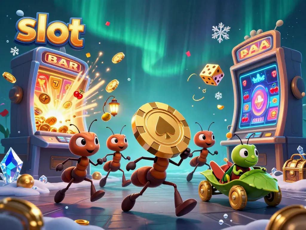 Exciting slot heist scene featuring cartoon ants, a grasshopper driver, and jackpot elements