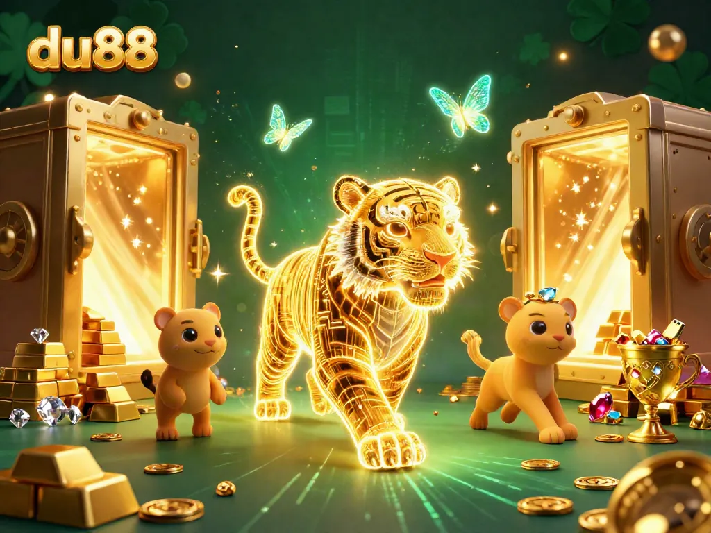Experience the thrill of du88 with a golden tiger in a vivid casino landscape filled with treasures and light.