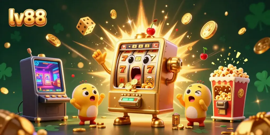 Engage with the excitement of lv88 through a vibrant illustration of a golden slot machine jackpot celebration.