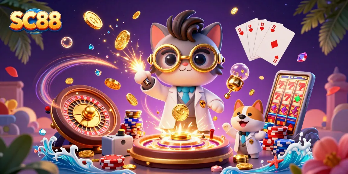 Experience the excitement of SC88 with a 3D mad scientist and golden bubbles in a vibrant casino scene.