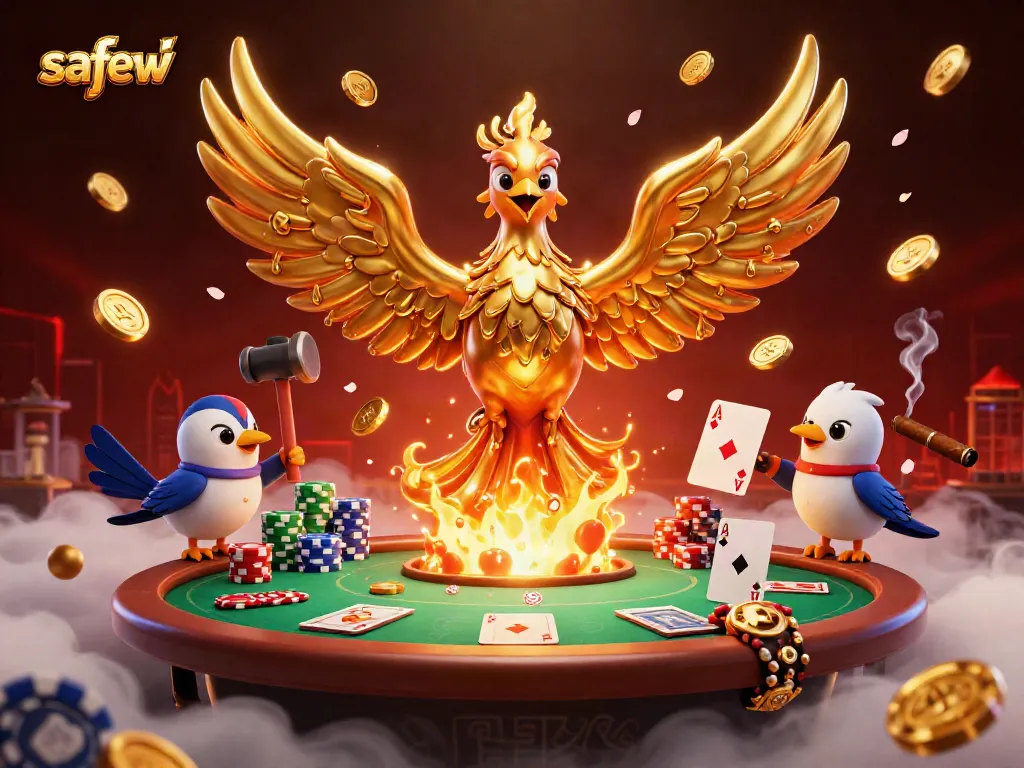 Experience safew with an intricate casino scene featuring a phoenix and poker elements