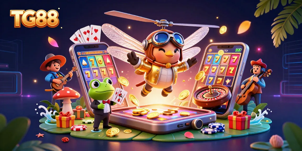 Experience the thrill of TG88 with vibrant casino elements, from slots to cards, in a colorful 3D illustration.