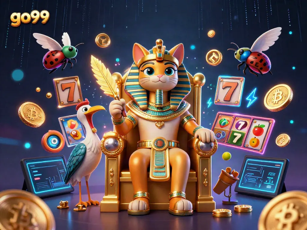 Win big with go99 at the dynamic online casino featuring colorful slot elements and a royal pharaoh cat.