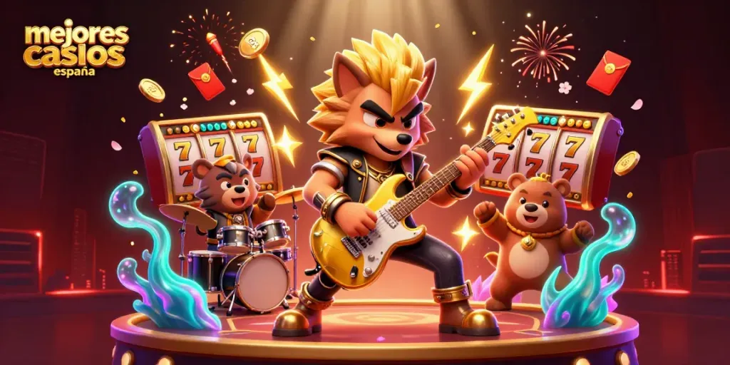 Encuentra los mejores casinos online España disfrutando de un emocionante espectáculo con un lobo rockero y un oso batería.