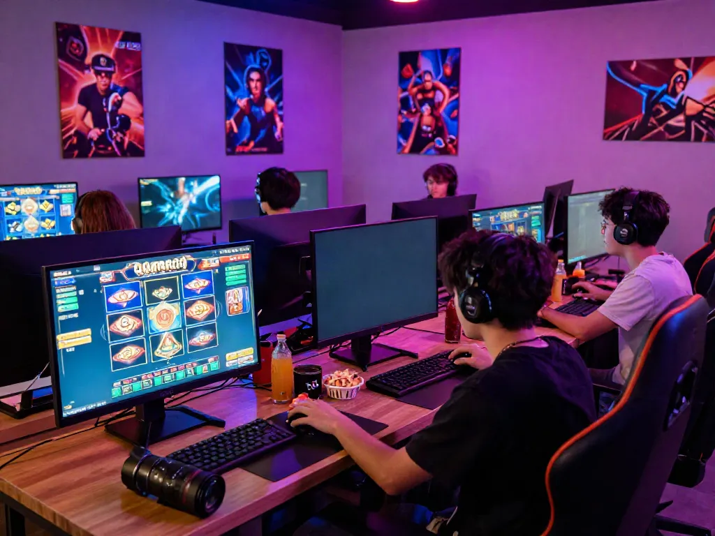 Players enjoying the thrilling qqmacan slot game in a vibrant gaming lounge.