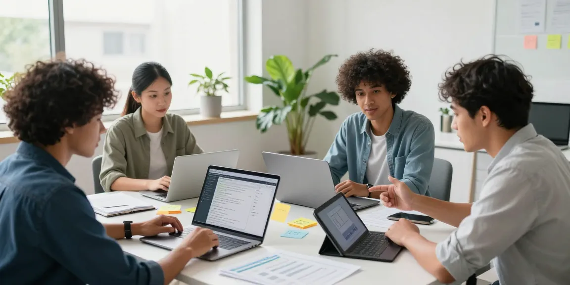 Team collaborating to build internal tools with AI in a bright office space.