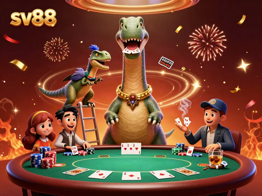 Engage in thrilling poker action with sv88 featuring a towering brontosaurus and raptor dealer.