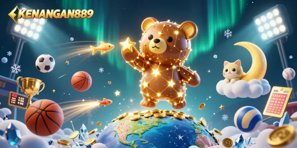 Engage with KENANGAN889 as cartoon characters dive for coins in a vibrant casino-themed illustration.