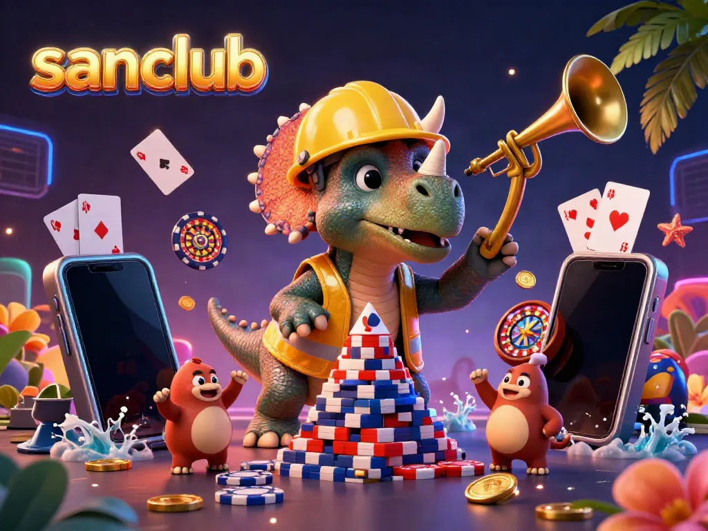 Prepare for exhilarating casino action with sanclub's vibrant characters in a dynamic gaming scene.