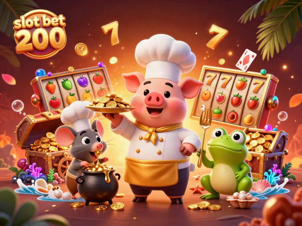 Slot bet 200 menghadirkan karakter kartun chef babi yang sangat detail dengan koin emas, cocok untuk pemain slot.