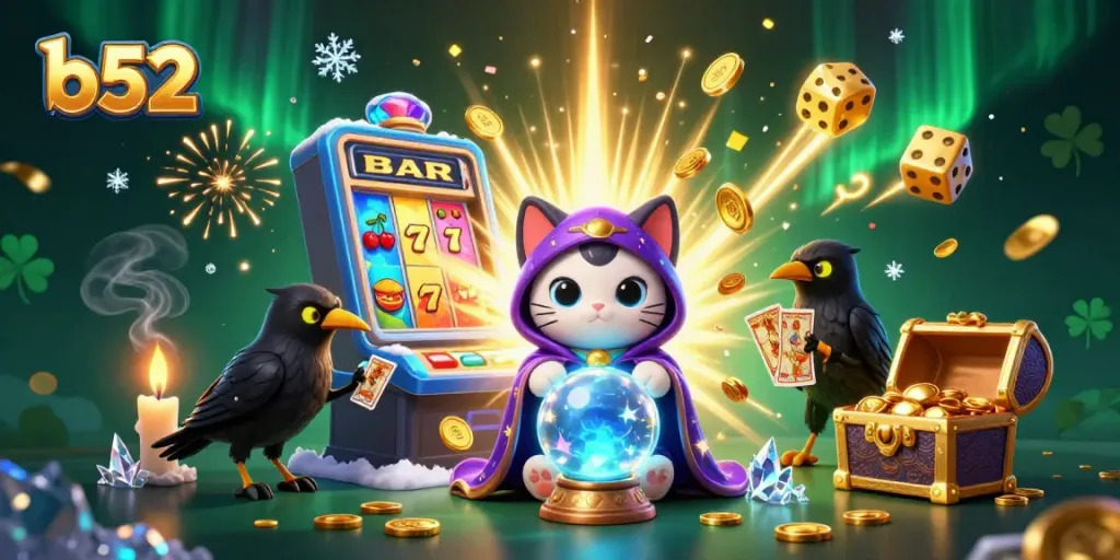 Experience winning moments with b52 as a mystic cat meets a tarot raven in a vibrant casino scene.